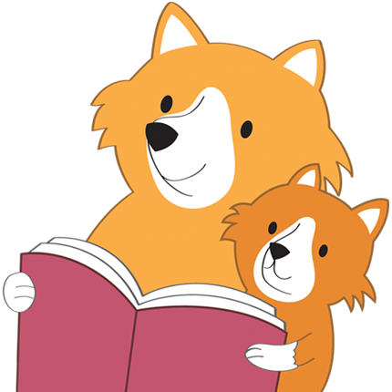 Cartoon mother & child foxes reading a book